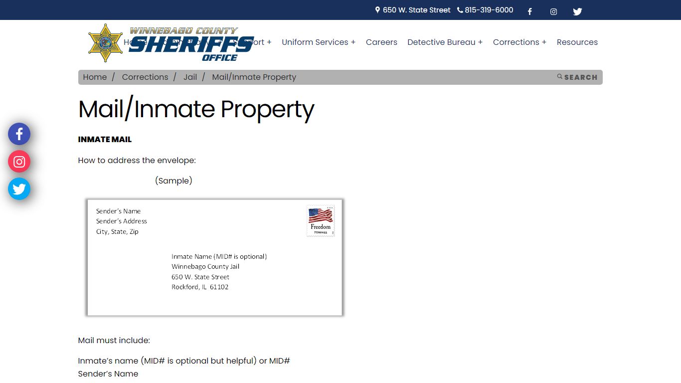 Winnebago Sheriff - Mail/Inmate Property